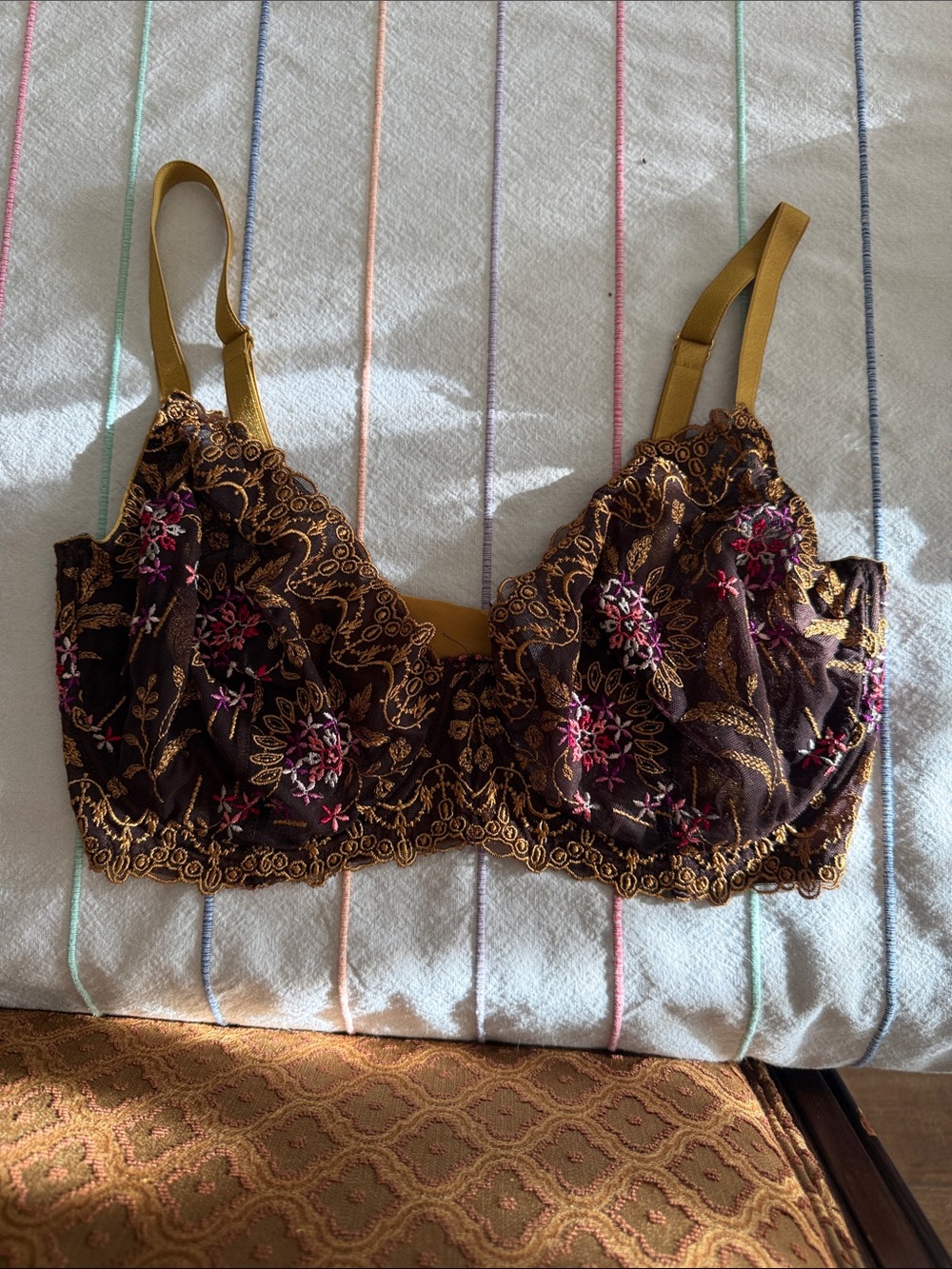 Cosabella Brown Lace Bra with Gold and Pink Embroidery
